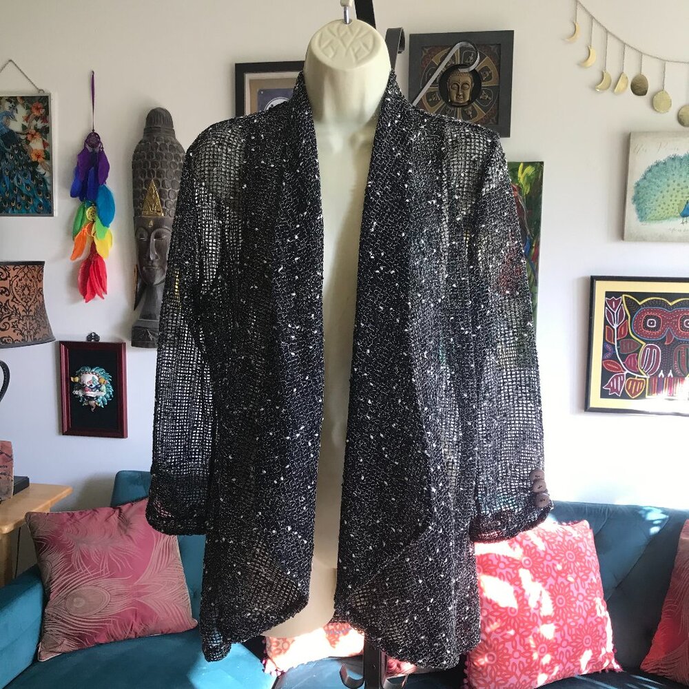 KEREN HART size S Black & Cream Marled Open Weave Mesh Artsy Buttons Cardigan
